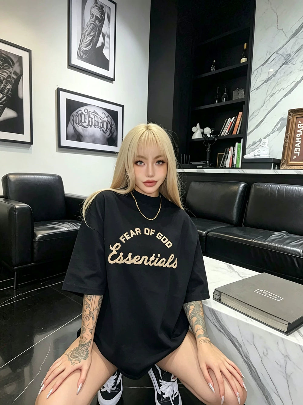 ESSENTIALS FOG Summer Fashion American Trendy Brand Half High Collar Couple Loose Cotton Top Men's and Women's Short sleeved T-shirt