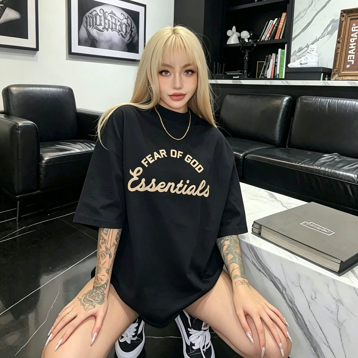 ESSENTIALS FOG Summer Fashion American Trendy Brand Half High Collar Couple Loose Cotton Top Men's and Women's Short sleeved T-shirt